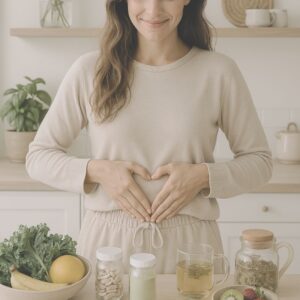 Woman making a heart shape over her abdomen, surrounded by healthy foods, supplements, and herbal tea in a bright kitchen.