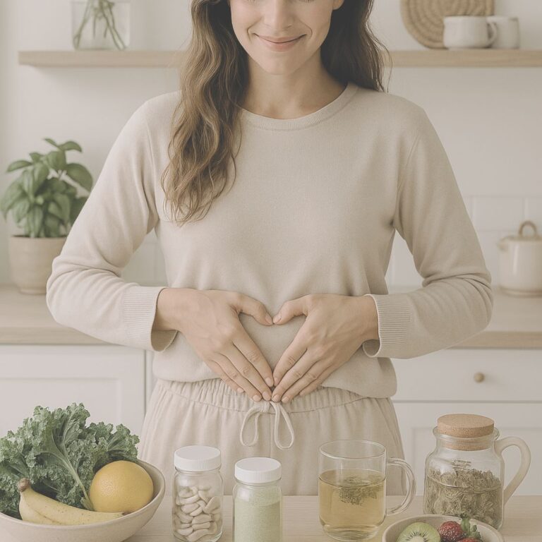 Woman making a heart shape over her abdomen, surrounded by healthy foods, supplements, and herbal tea in a bright kitchen.